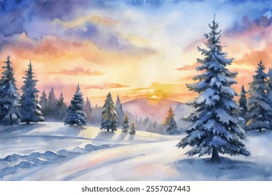 A painting of a snowy landscape with a large pine tree in the foreground. The sky is a mix of blue and orange, and the sun is setting in the background. The mood of the painting is peaceful and serene