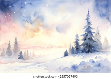 A painting of a snowy landscape with a lone tree in the foreground. The sky is a mix of blue and pink, and the snow is falling gently. The mood of the painting is peaceful and serene