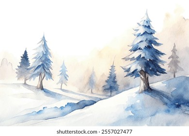 A painting of a snowy landscape with a row of pine trees. The trees are all blue and the sky is white. The mood of the painting is peaceful and serene