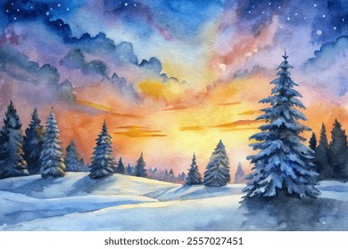 A painting of a snowy landscape with a sunset in the background. The trees are bare and the sky is filled with clouds. The mood of the painting is serene and peaceful