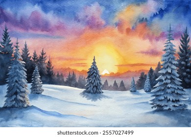 A painting of a snowy landscape with a sunset in the background. The trees are bare and the sky is a mix of pink and blue. The mood of the painting is serene and peaceful