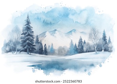 A painting of a snowy landscape with a tree in the foreground and mountains in the background. The mood of the painting is peaceful and serene