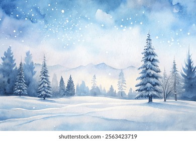 A painting of a snowy landscape with a tree in the foreground. The sky is blue and the snow is falling. The mood of the painting is peaceful and serene