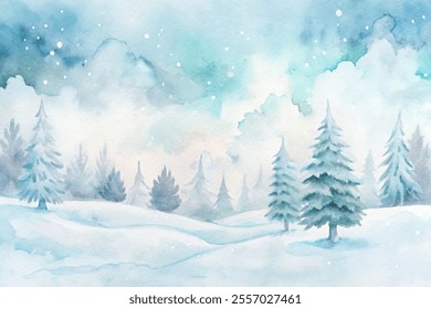 A painting of a snowy landscape with trees and a blue sky. The mood of the painting is peaceful and serene