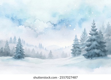 A painting of a snowy landscape with trees and a blue sky. The mood of the painting is peaceful and serene