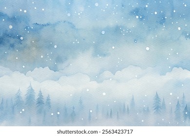 A painting of a snowy landscape with trees and a blue sky. The mood of the painting is peaceful and serene