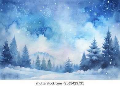 A painting of a snowy landscape with trees and a blue sky. The mood of the painting is peaceful and serene