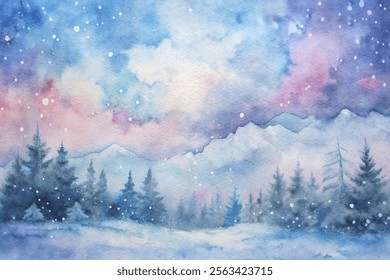 A painting of a snowy landscape with trees and mountains. The sky is blue with pink and purple hues, giving the scene a serene and peaceful atmosphere. The trees are bare and covered in snow