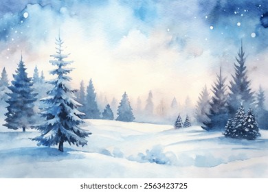 A painting of a snowy landscape with trees and a sky. The mood of the painting is peaceful and serene