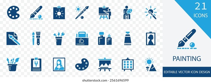 painting solid icon set. containing palette, art gallery, canvas, pictogram, roller, drawing, color and more vector design