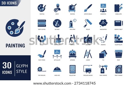 Painting solid icon set. Icons related to paint, painter, various painting tools, and more. Solid icon set. Vector illustration