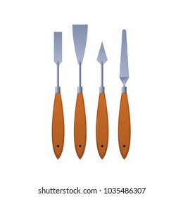 Painting spatulas different forms. Modern tools and accessories for painting paintings. Painting, art, art engaged. Hobby, creative work. Vector illustration isolated.