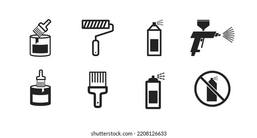 painting spray icons set, brush icon, painter tool, bucket of paint, airbrush concept, vector illustration