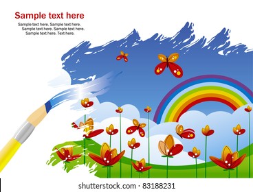 Painting spring landscape with rainbow and tulips