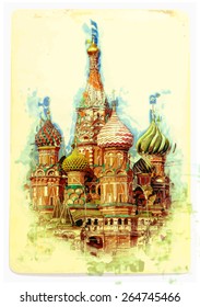 Painting of St. Basil's Cathedral on Red Square in Moscow, Russia