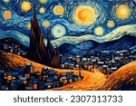 A painting of a starry night with the sky and full moon over the town. Parody on Vincent van Gogh illustration for wall art and cafe decor.