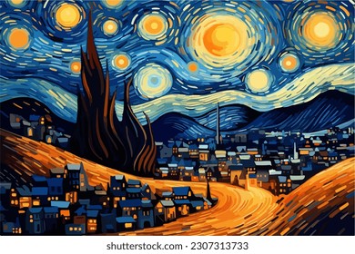 A painting of a starry night with the sky and full moon over the town. Parody on Vincent van Gogh illustration for wall art and cafe decor.