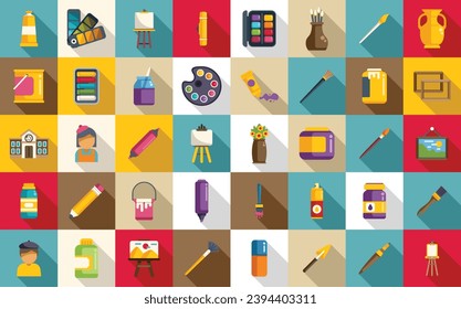 Malerei Studio-Symbole setzen flache Vektorgrafik. Malertuchkunst. Personenkarte