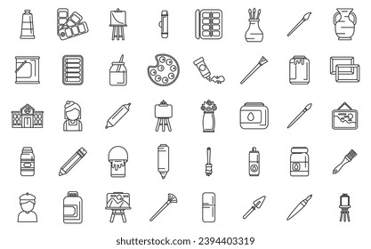 Painting studio icons set outline vector. Painter cloth artwork. Person palette