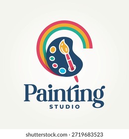 Diseño de la Ilustración vectorial del icono del logotipo del estudio de la pintura Paleta artística con el concepto del logotipo de los pinceles y de las pinturas