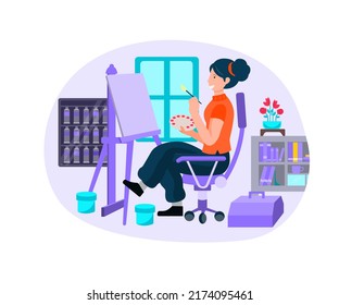 Painting In The Studio Of Painting Is The Transfer Of Creativity Out Of Imagination Into Canvas Using Many Colors Artist's Work Is Therefore Valuable. Flat Illustration.