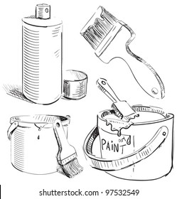 Painting stuff set. Hand drawing sketch vector objects  isolated on white background