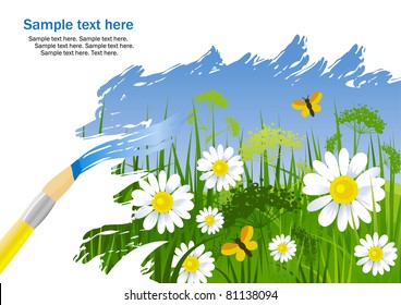 Painting summer landscape with green grass and camomile