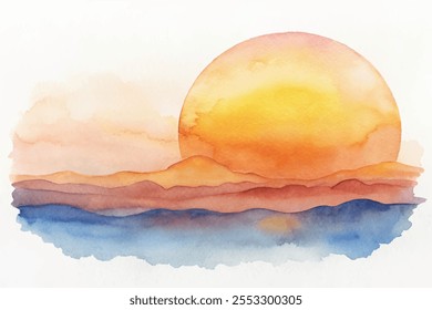 A painting of a sun setting over a mountain range with a body of water in the foreground. The sky is a mix of orange and blue, and the sun is large and bright. The mood of the painting is serene