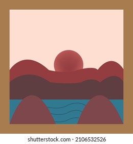 Painting with the sunset in the background, mountains and river