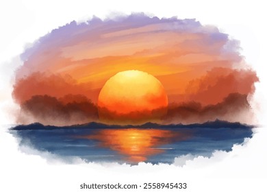 A painting of a sunset with a large orange sun in the center. The sky is filled with clouds and the water is calm. The mood of the painting is peaceful and serene