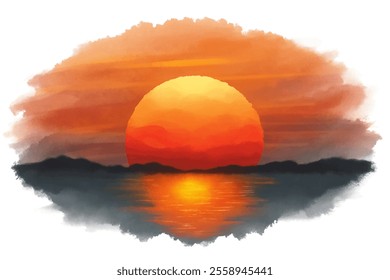 A painting of a sunset with a large orange sun in the center. The sky is filled with orange and pink hues, and the water is calm. The painting evokes a sense of peace and tranquility