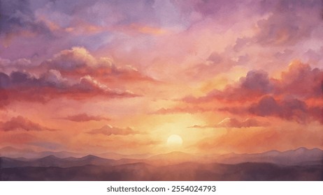 A painting of a sunset with a large sun in the sky. The sky is filled with clouds and the mountains in the background are covered in clouds. The painting has a serene and peaceful mood