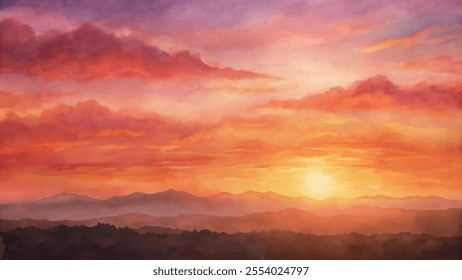 A painting of a sunset with a mountain range in the background. The sky is filled with clouds and the sun is setting. The painting has a warm and peaceful feeling to it