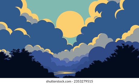 Painting of a sunset over a lake with trees in the foreground and a blue sky with yellow clouds, sky, vector art. Cartoon anime background.