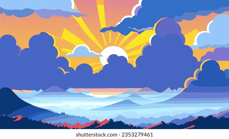 Painting of a sunset over a mountain range with clouds and mountains in the background and a blue sky with a yellow sun, colorful flat surreal design, vector art. Cartoon anime background.