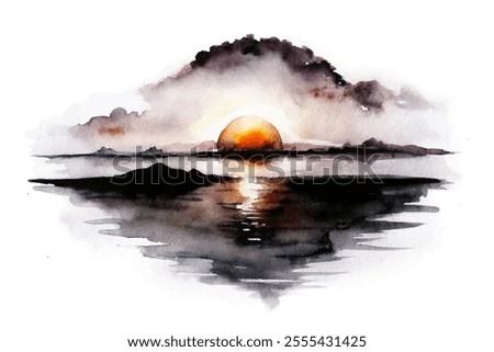 A painting of a sunset over the ocean with a large sun in the sky. The mood of the painting is serene and peaceful