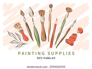 Painting supplies. Advertising backdrop with painters stationery. Creative hobby accessories. Vector illustration