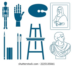 Painting supplies, Artist Drawing instruments and equipments elements vector silhouette