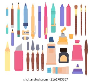 Painting supplies. Artists tools and art paint instruments. Equipment for drawing, brushes pencil, watercolors palette. Studio decent vector bundle