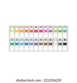 Painting supplies, color palettes, colorful tubes, watercolors, oil paints, acrylic paints.