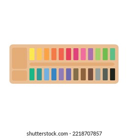 Painting supplies, color palettes, colorful tubes, watercolors, oil paints, acrylic paints.