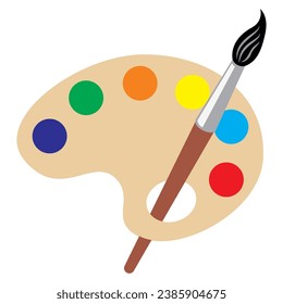 Painting supplies, color palettes, colorful tubes, watercolors, oil paints, acrylic paints. Colors pallete paint isolated flat icon. Vector illustration of cartoon wooden thing with colourful round .