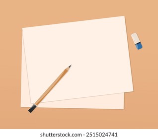 Painting supplies on the table. Pencil, eraser and paper sheets. Drawing tools. Vector illustration