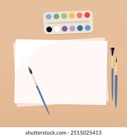 Painting supplies on the table. Watercolor paints, paint brushes and paper sheets. Painting tools. Vector illustration