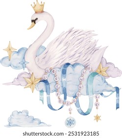 A painting of a swan wearing a crown on a cloud