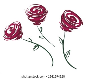 Painting of three beautiful red rose stem vector color drawing or illustration 