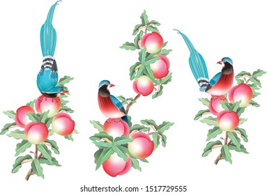A painting of three birds perched on a branch with peaches.