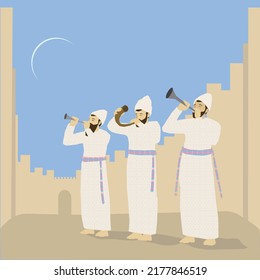 A painting of three Jewish priests in the Temple in Jerusalem blowing the shofar and silver trumpets. On Rosh Hashanah. In the background the walls of the old city and the moon.
Colorful vector