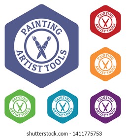 Painting tool brush icons vector colorful hexahedron set collection isolated on white 