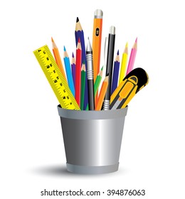 Painting tool in office isolated on white background. Colored pencil, pen and ruler in office a full set.